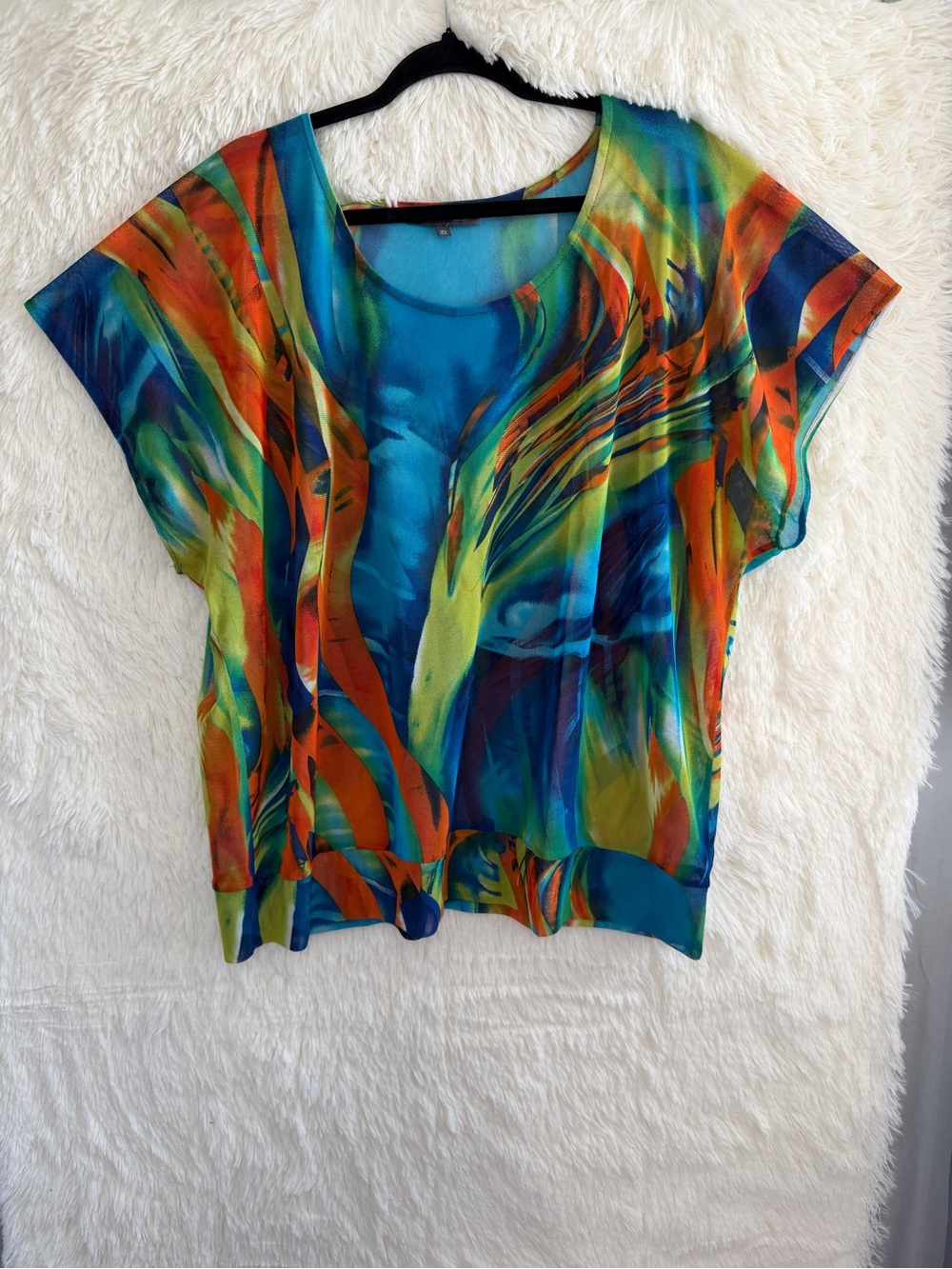 Addition Elle Womens Boho Abstract Sheer Top Size 2X Art To Wear Scoop Neck